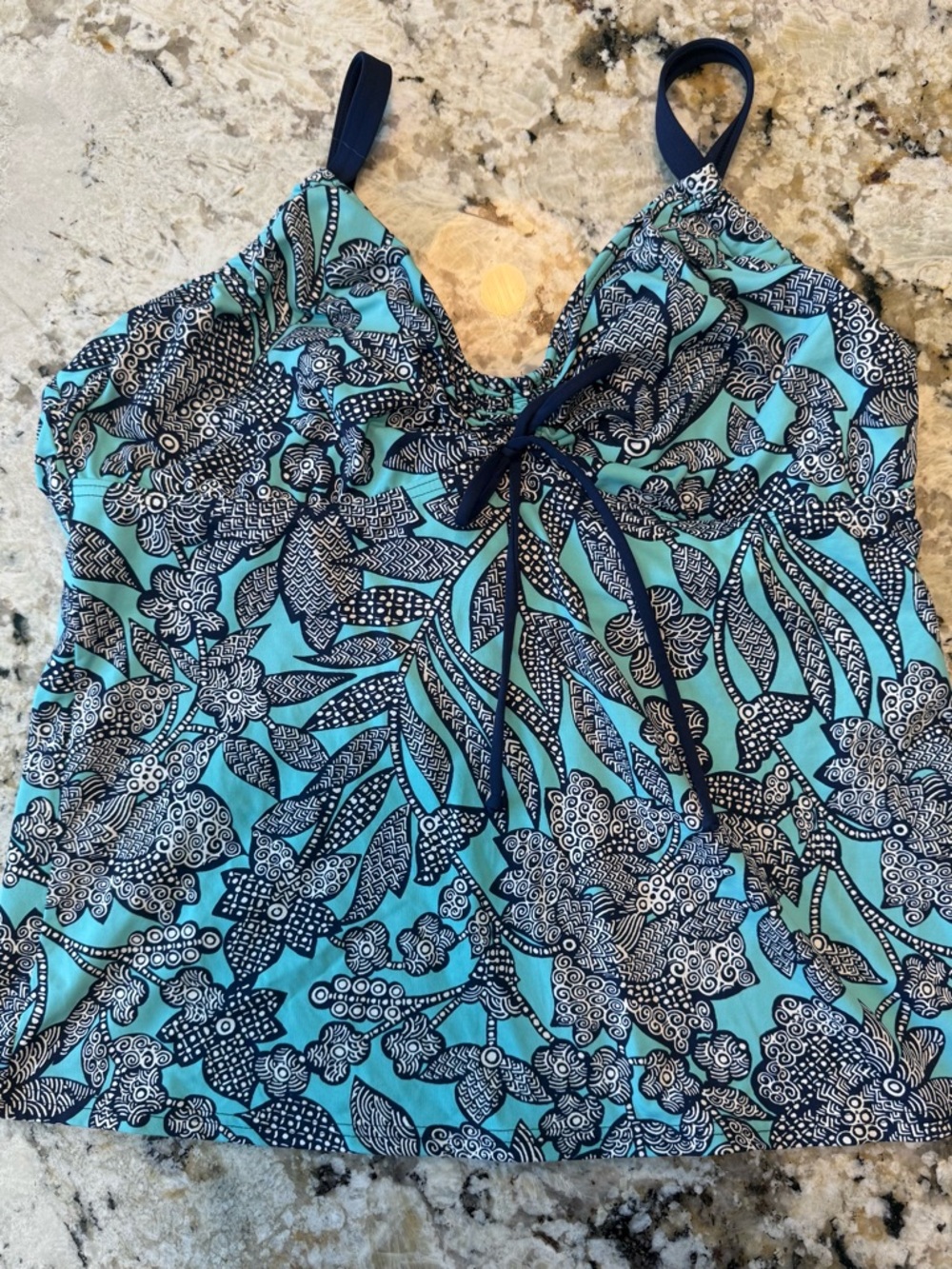 Lands' End Mint and Navy Patterned Tankini Swim Top